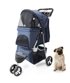 Maylai Dog Stroller for Small Dogs/Cats-3 Wheels Pet Strollers with One-Hand fold,Reinforced Universal Wheel,Storage Basket+Cup Holder(Navy Blue)