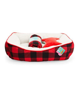 Petco Brand - Merry Makings Red Check Me Out Pet Bed, Throw & Toy Gift Set, 24" L X 18" W X 7" H, 24 in, Black