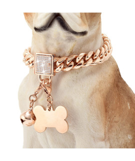 PRADOG Rose Gold Chain Dog Collar with Diamond Buckle Bell & Bone Tag Stainless Steel Chain Collars Cuban Link Dog Collar Designer Bling Puppy Necklace (10mm, 22")