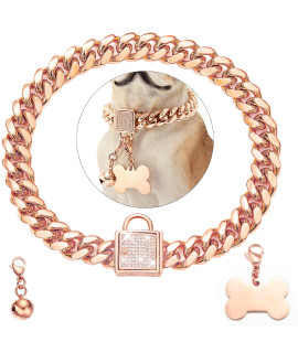 PRADOG Rose Gold Chain Dog Collar with Diamond Buckle Bell & Bone Tag Stainless Steel Chain Collars Cuban Link Dog Collar Designer Bling Puppy Necklace (14mm, 18")