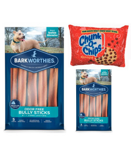 Houndsense Multi Pack Bundles Including Barkworthies Odor Free Bully Sticks 6in.and 12in. and Bonus Plush Squeaker Toy. (6in - 10pk)