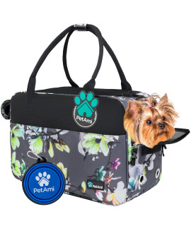 PetAmi Airline Approved Dog Purse Carrier | Soft-Sided Pet Carrier for Small Dog, Cat, Puppy, Kitten | Portable Stylish Pet Travel Handbag | Ventilated Breathable Mesh, Sherpa Bed (Floral Gray)