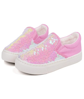 Toandon Toddler Girls Sneakers Little Kids Loafer Shoes Slip On Baby Canvas Flipping Sequins Color Change Glimmer Glitter Sparkle Low Top Non Slip Rubber Sole Lightweight Fashion Casual Pink Size 4