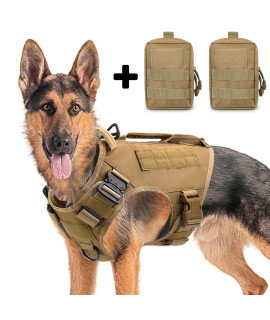 Tactical Dog Harness For Medium And Large Dogs No Pull Adjustable Dog Vest For Training Hunting Walking Military Dog Harness With Handle Service Dog Vest With Molle Panels Khaki,L,With 2 Pouches