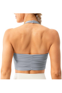 Lavento Womens Halter Sports Bra Pleated Back Yoga Bralette Crop Bras Top (Silver Gray - Pleated Back, 6)
