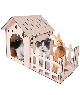 Extra Large Wooden Rabbit Castle - Wood Cat Beds for Indoor Cats, Rabbit Hideout Bunny House Luxurious Small Animal Rest and Play House for Chinchilla Guinea Pig Hamster Hideout Habitat