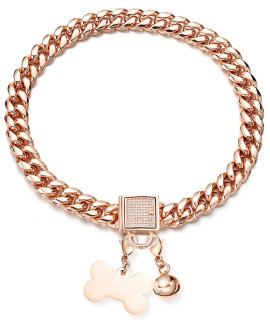 Aiyidi Rose Gold Dog Chain Collar with CZ Design Buckle Stainless Steel Metal Cuban Link Chain Collar for Dog Boys Girls Bling Collars with Dog Tag Bell Training Walking Collar (14mm,10'')