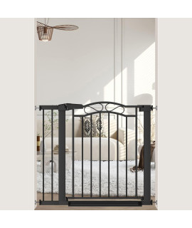 Black Baby Gate With Door-Walk Through Baby Gates For Stairs Pressure Mounted No Drill-Indoor Tension Metal Child Pet Dog Safety Gate 3504-3780 Wide