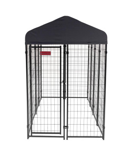 Lucky Dog Stay Series 4 x 8 x 6 Foot Black Powder Coat Steel Frame Villa Dog Kennel with Waterproof Canopy Roof and Single Gate Door, Steel Gray