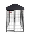 Lucky Dog Stay Series 4 x 8 x 6 Foot Black Powder Coat Steel Frame Villa Dog Kennel with Waterproof Canopy Roof and Single Gate Door, Steel Gray