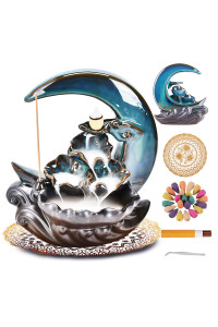 Zvaiuk New Moon Backflow Incense Holder,Waterfall Incense Burner ,Ceramic Hand-Made Incense Fountain Burner With 100 Backflow Incense Cones,Fragrance Incense Stick,Mat,Aromatherapy Home Decoration