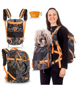 Dog Backpack & Pet Carrier Duo for Small / Medium Dogs or Cats - Wear on Front or Back - Legs Out or in for Travel, Hiking, Camping with Your Dog - Carrier: 11x8.6x15.5 inches - Black Gray Orange