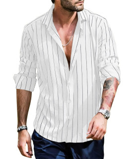 Mens Button Up Shirts Long Sleeve Linen Beach Casual Striped Cotton Summer Lightweight Tops Xx-Large