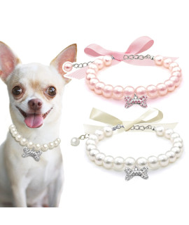 Casidoxi 2 Pcs Dog Cat Pearl Collar Necklace With Rhinestone Bone, Fancy Cat Wedding Collar Jewelry For Girl Cat Puppy Dogs Accessories(Pink+White)