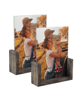 Petaflop 4X6 Picture Frame Set Of 2, Double Sided Glass Photo Frames 4 By 6, Rustic Wooden Menu Holder Sign Card Stand For Desk Tabletop Display, Dark Gray