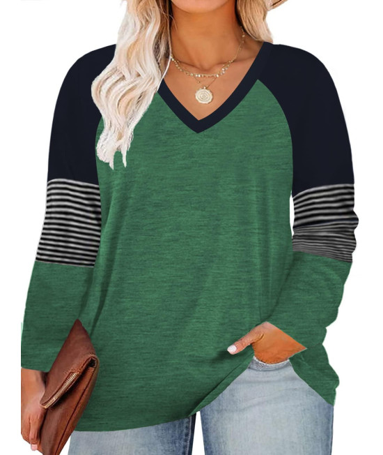 Women Plus Size Tops Xl V Neck Long Sleeve Casual T Shirts Green 16W