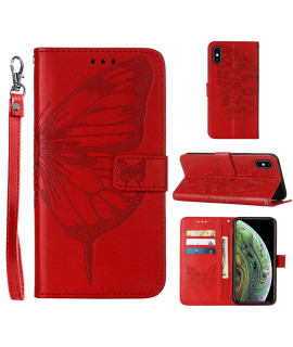 Compatible For Iphone X Case Walletiphone Xs Wallet Case,For Iphone 10 Case Wallet,Kickstand]Wrist Strap]Card Holder Slots] Butterfly Floral Embossed Leather Flip Cover For Iphone Xxs10 (Red)