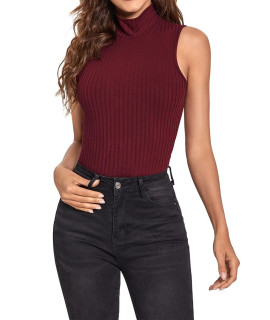 Verdusa Womens Sleeveless High Turtleneck Ribbed Fitted Solid Tank Tops Burgundy Xs