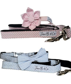 June B. & Co. Seersucker Collar with Bowtie/Flower and Matching Leash (Medium(12"-20"), Pink)