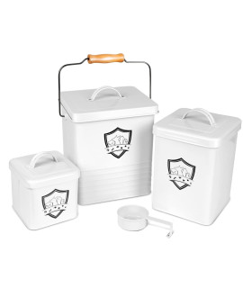 Topmart Pet Food Storage Containers, 3Pcs Dog and Cat Food Container Set with Lid and Scoop, Coated Carbon Steel, Detachable Carry Handle - White