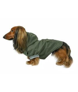 DJANGO Highland Dog Jacket and Raincoat - Water-Repellent, Windproof, and Harness-Friendly Hooded Winter Dog Coat and Raincoat with Adjustable Drawstrings and Gunmetal Hardware (X-Small, Olive Green)