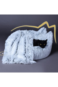 Lazy Rabbit Upgrade Cat Dog Bed + Blanket for Indoor Cats, Small Dogs, Fluffy Calming Self Warming Round Cushion?24 inch , Machine Washable, Non-Slip, Gradual Grey Color