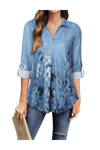 Long Sleeve Blouses For Women Business Casual,Valolia Womens Plus Size Blouses And Tops Dressy V Neck Tunic Tops To Wear With Leggings Womens Dress Shirts And Blouse For Work Tunic Blue Flower X-Large