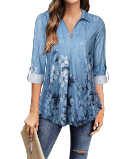 Long Sleeve Blouses For Women Business Casual,Valolia Womens Plus Size Blouses And Tops Dressy V Neck Tunic Tops To Wear With Leggings Womens Dress Shirts And Blouse For Work Tunic Blue Flower X-Large