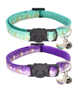 Giecooh 2 Pack Breakaway Cat Collar with Bells,Adjustable Moon and Star Kitten Safety Collars for Boys & Girls,Purple+Teal