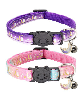 Giecooh 2 Pack Breakaway Cat Collar With Bells,Adjustable Moon And Star Kitten Safety Collars For Boys Girls,Purplepink
