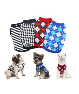 4 Pack Cat Shirts Extra Small Dog T Shirt Striped Dogs Clothes Plaid Dog Sweaters For Boy Houndstooth Printed Dog Tshirts Puppy T-Shirt For Small Dogs