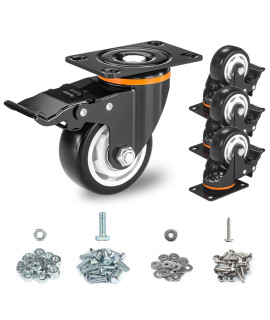 3 Inch Caster Wheels, Heavy Duty 3A Casters Set Of 4 With Brake, Tonsum No Noise Polyurethane (Pu) Wheels And Safety Dual Locking Casters, Swivel Plate Castors (Two Hardware Kits)