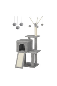 FEANDREA Cat Tree, Small Cat Tower for Indoor Cats, Kittens, Multi-Level Plush Cat Condo, 16.5 x 12.6 x 46.5 Inches, Scratching Post, Ramp, 3 Removable Pompom Sticks, Cat Cave, Light Gray UPCT143W01