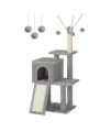 FEANDREA Cat Tree, Small Cat Tower for Indoor Cats, Kittens, Multi-Level Plush Cat Condo, 16.5 x 12.6 x 46.5 Inches, Scratching Post, Ramp, 3 Removable Pompom Sticks, Cat Cave, Light Gray UPCT143W01