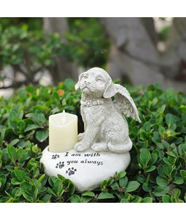 Dog Memorial Statue w/ Flameless LED Candles, Dog Passing Away Gifts, Garden Resin Dog Ornament, Angel Dog Grave Marker, Standing Guardian Dog Statues on Heart Base for Owner, 7.09 inch