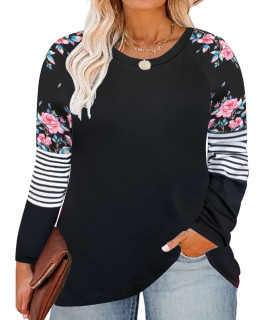 Carcos Womens Plus Size Tops Long Sleeve Raglan Shirts Floral Color Block Pullover Basic Crewneck Tshirts Casual Black Tunics Xl 14W 16W