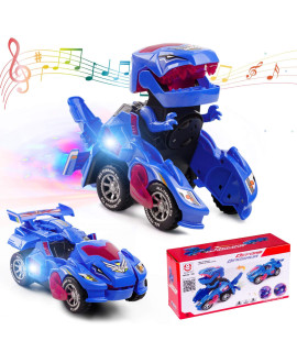 Refasy Dinosaur Toys For Kids 3-5,Transforming Dinosaur Led Car With Music 2 In 1 Automatic Deformation Dinosaur Car Toy For Children Kids Toys Birthday Gifts For Boys Girls(Blue)