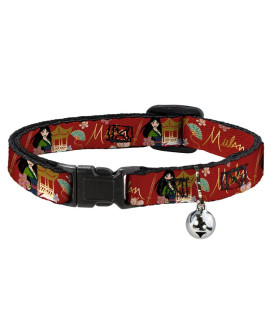 Buckle-Down Cat Collar Breakaway with Bell Mulan Gazebo Pose with Flowers and Script Red Golds 8.5 to 12 Inches 0.5 Inch Wide