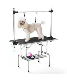 Lyromix Adjustable Pet Large Foldable Dog Grooming Table with Arms, Noose, Mesh Tray, Maximum Capacity Up to 330Lb, 46in, Black