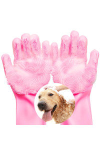 Vavopaw Magic Pet Grooming Gloves, Dog Bathing Shampoo Gloves With High Density Teeth, Heat Resistant Silicone Pet Hair Remover Brush For Cat Dogs, Pink