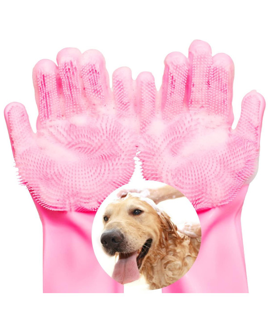 Vavopaw Magic Pet Grooming Gloves, Dog Bathing Shampoo Gloves With High Density Teeth, Heat Resistant Silicone Pet Hair Remover Brush For Cat Dogs, Pink