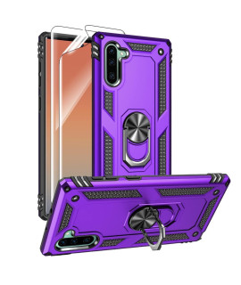 Samsung Galaxy Note 10 Case, Note10 Case With Hd Screen Protectors, Androgate Military-Grade Metal Ring Holder Kickstand 15Ft Drop Tested Shockproof Cover Case For Samsung Note 10 (2019) Purple