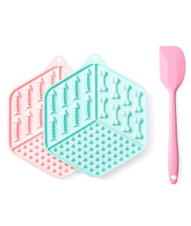 Caflower Lick Mat For Dogs ,Cats Lick Mat With Strong Suction Cups,Food Grade Silicone Mat With Spatulaog Lick Mat Reduce Dogcats Anxiety And Boredom (Pink And Green,Hexagonal)