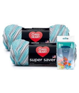 Icelandic - Red Heart Super Saver Yarn 2-Pack (5Oz Each) Bundle With Benzy Stitch Markers (20Ct)