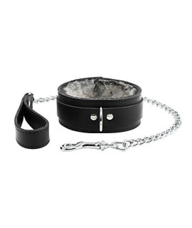 Avery Collar Chain Leash Latigo Leather Gentle Faux Chinchilla Fur Lining (Small, Black)