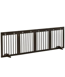 PawHut Freestanding Pet Gate with Two-Direction Hinges, Removable Feet, Wooden Dog Fence with Paw Prints, 24" x 20" Folded, Espresso Brown