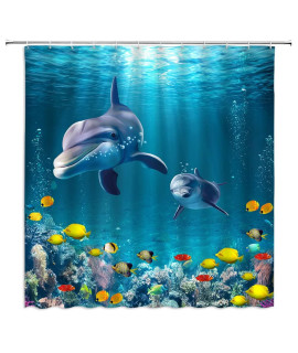 Asveas Underwater World Shower Curtain Dolphin Blue Ocean Tropical Colorful Fish Sea Coral Reef Marine Wildlife Kids Fabric Home Bathroom Decor Set With Hooks(47 Wx70 H)
