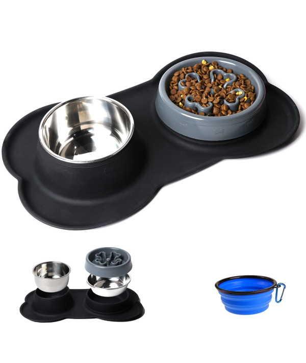 Slow Feeder Dog Bowls, 3-in-1 Food and Water Bowls with No-Spill Non-Skid  Silicone Mat Eco-Friendly Slow Down Eating Puzzle Bowl for Medium Sized Dogs  