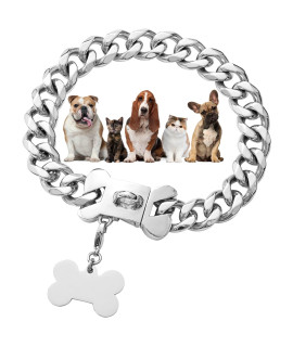 W/W Lifetime Silver Chain Dog Collar 15mm Stainless Steel Cuban Link Dog Collar with Secure Snap Buckle Silver Dog Chain Metal Collar for Small Pitbull (15MM, 14")