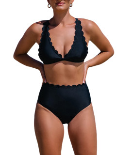 Hilinker Womens V Neck Scalloped Trim Bikini Set High Waisted 2 Piece Swimsuit H-Black Small